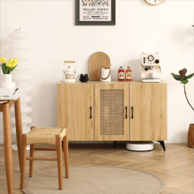 Natural Rattan Mesh Three-door Cabinet - Large Storage Space, Kitchen Storage Cabinets (Option: Natural wood color)